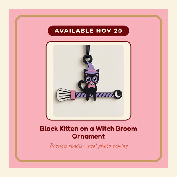 Preview render: Black Kitten on a Witch Broom Ornament