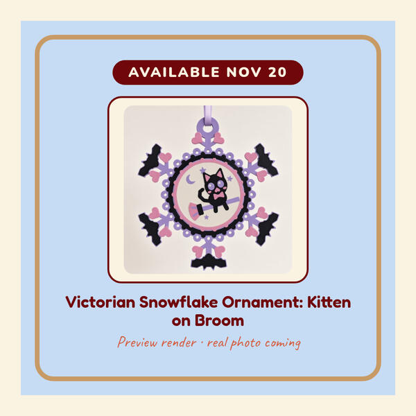 Preview render: Victorian Snowflake Ornament: Kitten on Broom