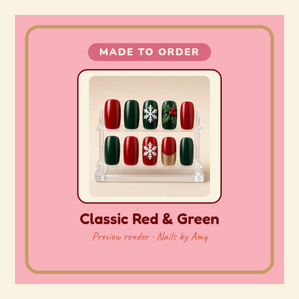 Preview render: Classic Red and Green 3D-printed press-on nails