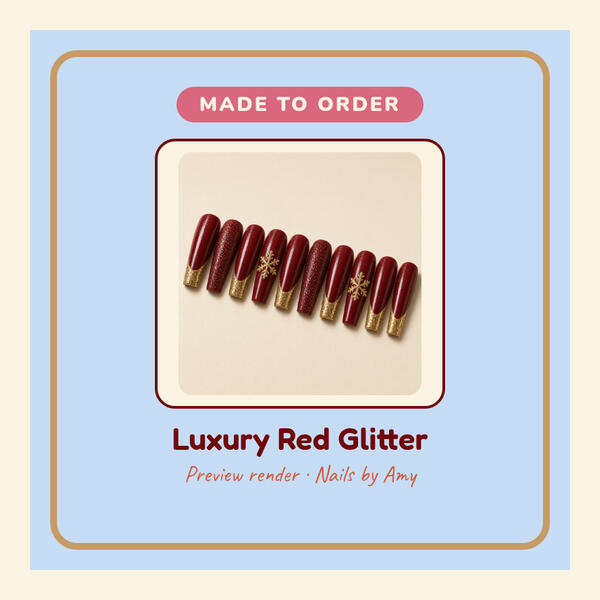 Preview render: Luxury Red Glitter 3D-printed press-on nails
