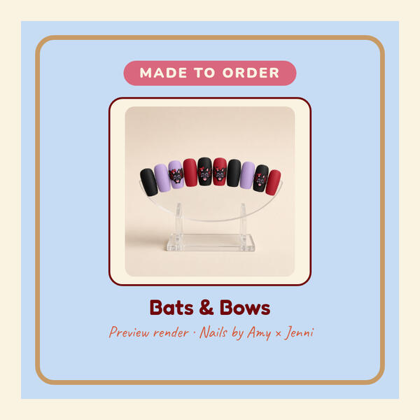 Preview render: Bats and Bows 3D-printed press-on nails