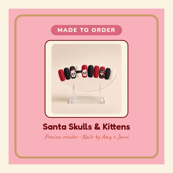 Preview render: Santa Skulls and Kittens 3D-printed press-on nails