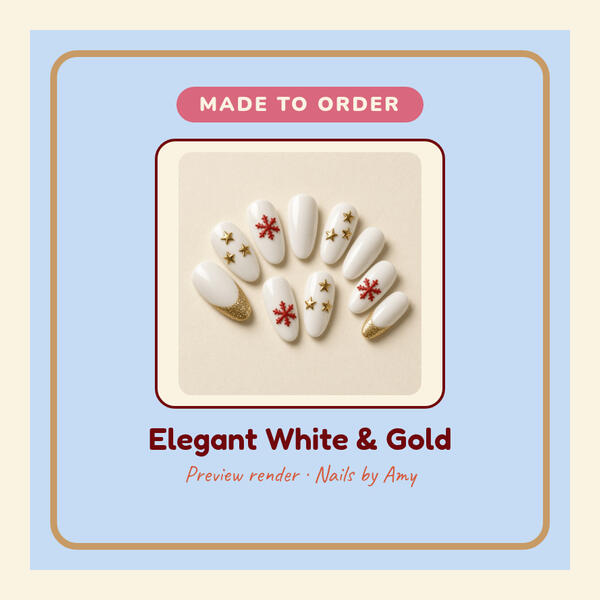 Preview render: Elegant White and Gold 3D-printed press-on nails
